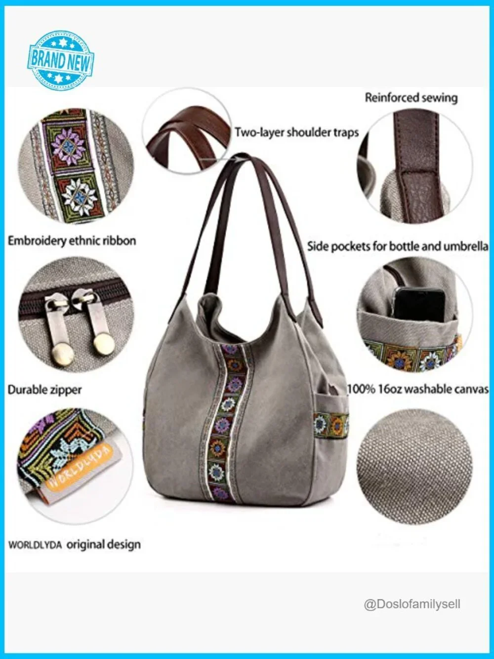 Canvas Hobo Purse Multi Pocket Tote Shopper Shoulder Bag Casual Top Handle